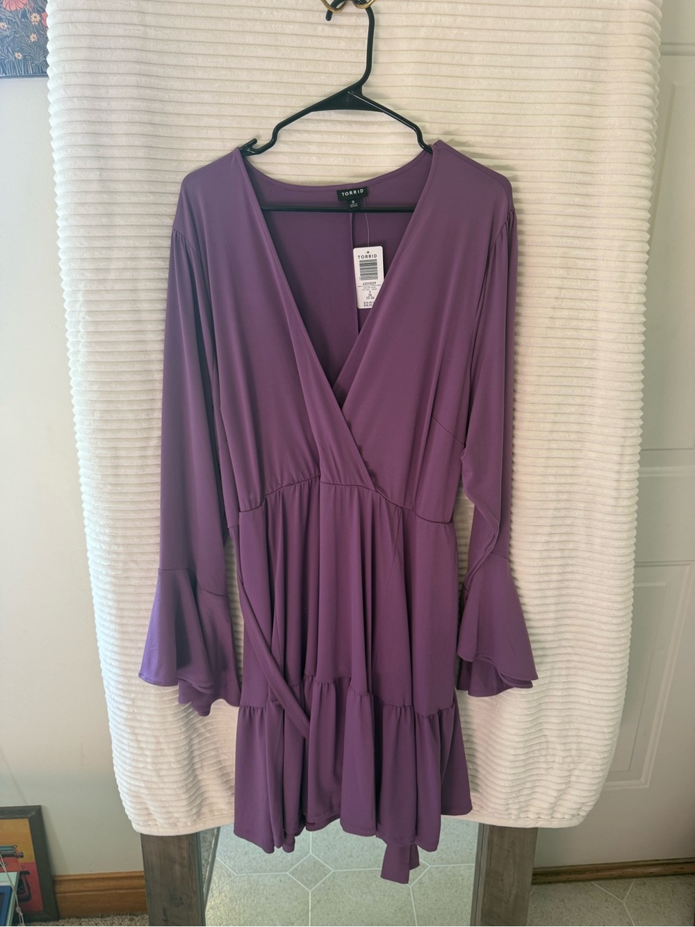 torrid purple wrap tiered dress with bell sleeves